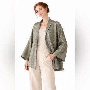 Eileen Fisher Crinkle Metallic Silk Open Front Kimono Jacket XL Sage Gray Green